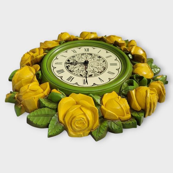 Syroco Homco Yellow Green Rose Floral Large Decorative Wall Clock "Not Working" - Picture 13 of 14